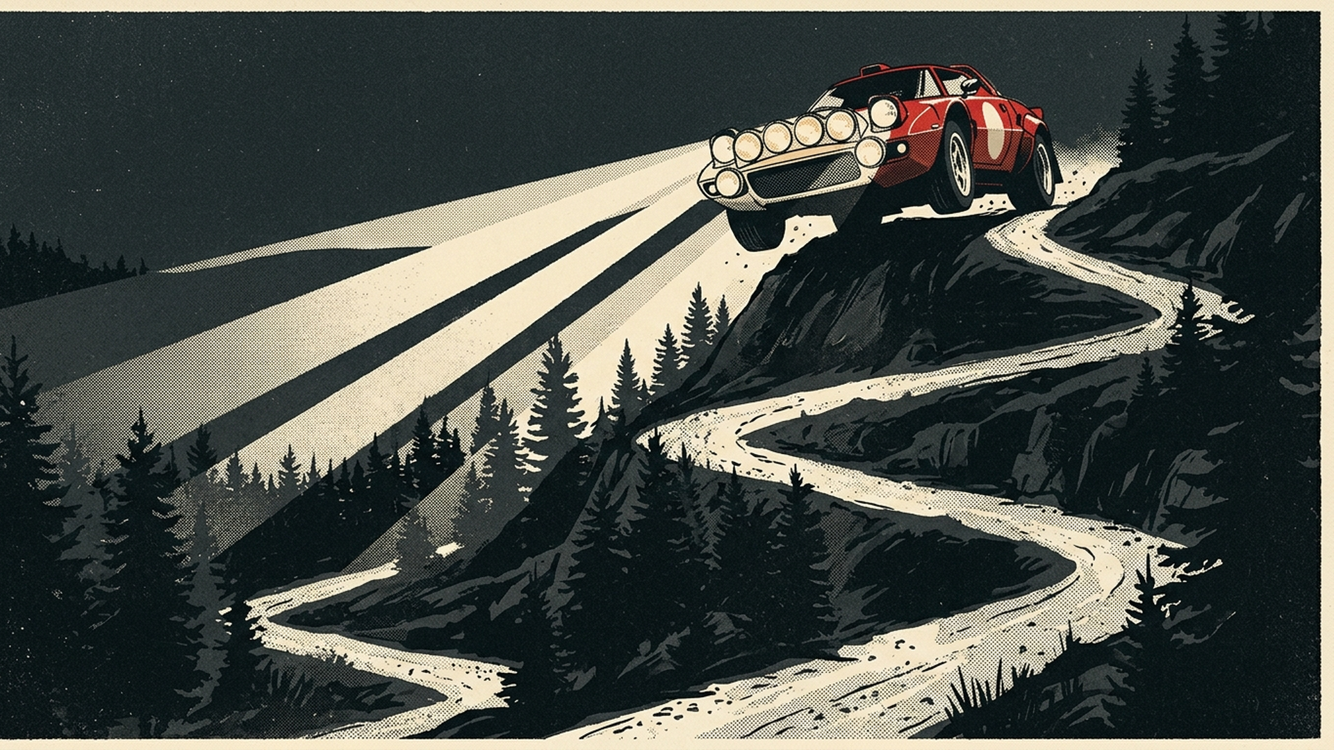 Rally Dynasty key art: a red 1970s rally coupe airborne over a blind crest at night, six-lamp pod cutting cream beams through pine forest.