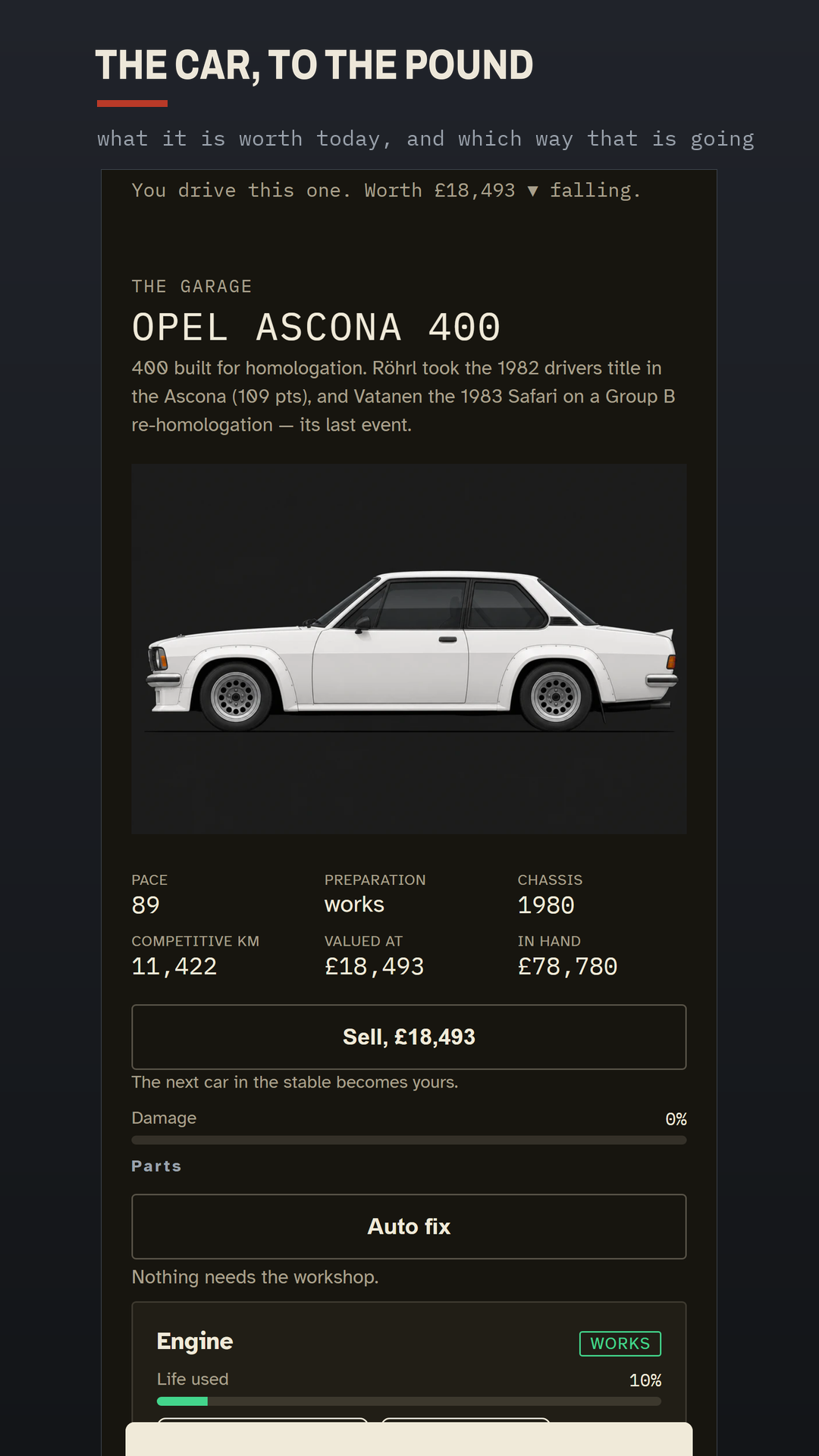 Garage: the car costed to the pound.